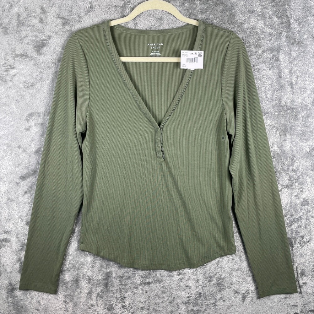 American Eagle Henley T-Shirt Womens Size XL Green Ribbed Casual Stretch Top NWT